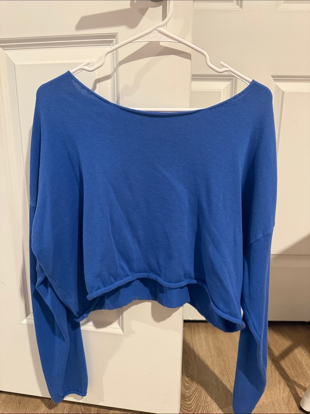 Women's Blue Cropped Boatneck Top
